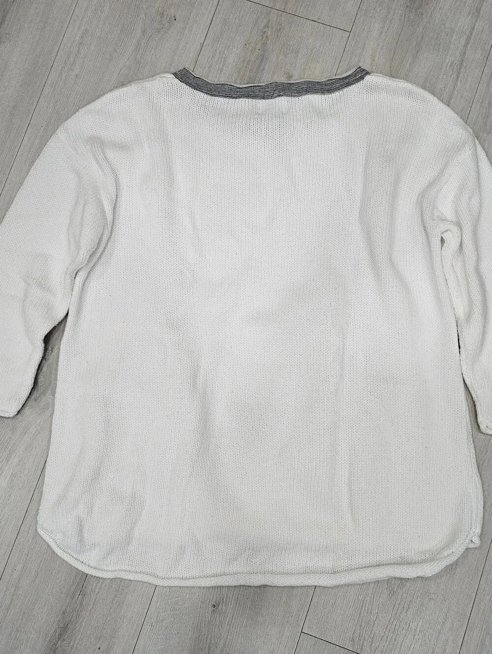 VTG Pure Handknit White Cotton Pullover Sweater Sz S Gray Pockets Rolled Hem